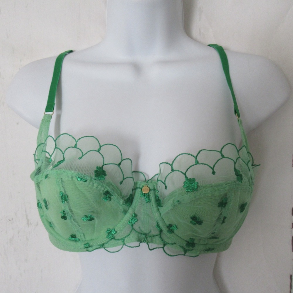 New Adore Me Bra 36B Green Shamrock Clover Balconette Underwire Back Closure